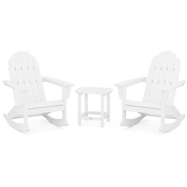 Vineyard 3 Pc Recycled Plastic Adirondack Rocking Chair Set w/ South Beach End Table in White by POLYWOOD