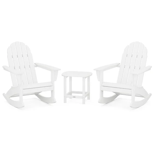 Vineyard 3 Pc Recycled Plastic Adirondack Rocking Chair Set w/ South Beach End Table in White by POLYWOOD
