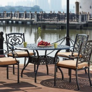 Santa Barbara 5 Pc Cast Aluminum Dining Set w/ 48 Inch Round Series 60 Table in Antique Bronze/Sesame by Darlee