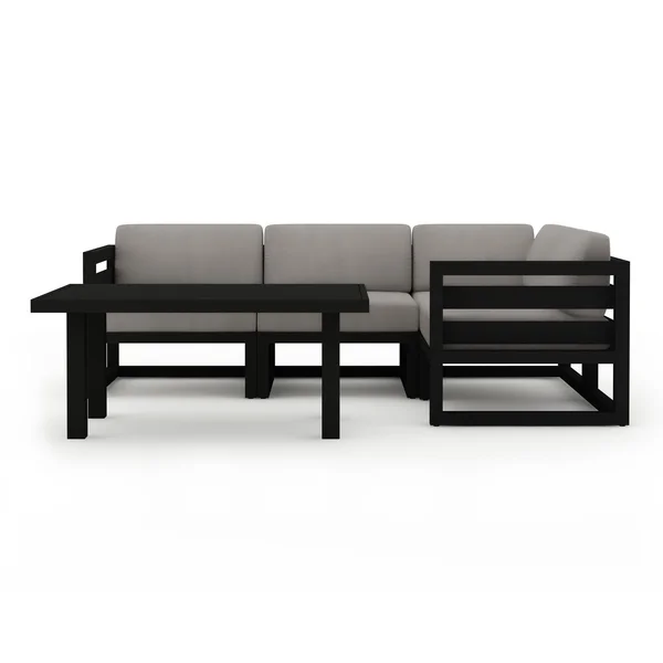 Misty Cove 5 Pc Aluminum Seating Set w/ Sectional & Classic Chat Table in Black/Canvas Charcoal by Lakeview Outdoor Designs
