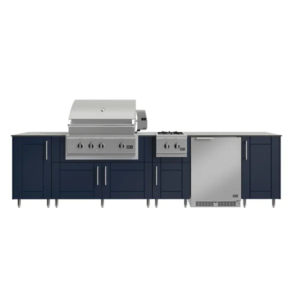 WeatherStrong Nassau 10 1/2 Ft Outdoor Kitchen Island w/ DCS Propane Grill, Side Burner & Refrigerator in Sapphire Blue/Glacier Frost
