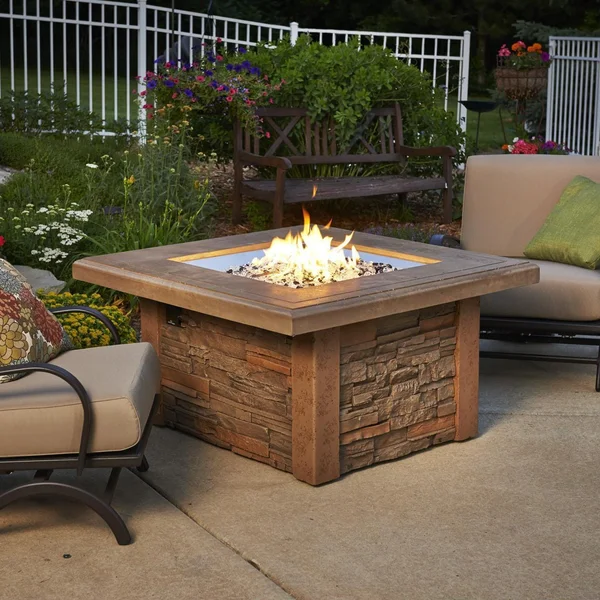 Caneville 43 Inch Square Faux Stone Propane w/ Electronic Ignition Fire Pit Table in Mocha by Lakeview Outdoor Designs