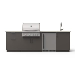 Blaze Golden Hour 10-Ft Outdoor Kitchen Island w/ 32-Inch Marine Grade LTE+ Propane Grill, Fridge, Sink in Gunmetal w/ Aeris Countertop