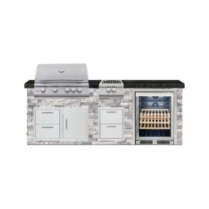 BBQGuys Signature 8 Ft Outdoor Kitchen Island w/ 32 Inch Natural Gas Blaze LTE+ Grill Power Burner & Beverage Center | Alaska Gray w/ Black Granite
