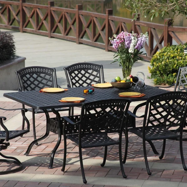 Sedona 7 Pc Cast Aluminum Dining Set w/ 72 X 42 Inch Series 30 Table & 2 Swivel Rockers in Antique Bronze/Sesame by Darlee