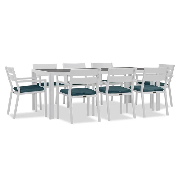 Calm Bay 9 Pc Rectangular Aluminum Dining Set in White/Cast Lagoon by Lakeview Outdoor Designs
