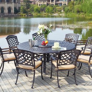 Sedona 10 Pc Cast Aluminum Dining Set w/ 71 Inch Round Series 99 Table & Lazy Susan in Antique Bronze/Sesame by Darlee