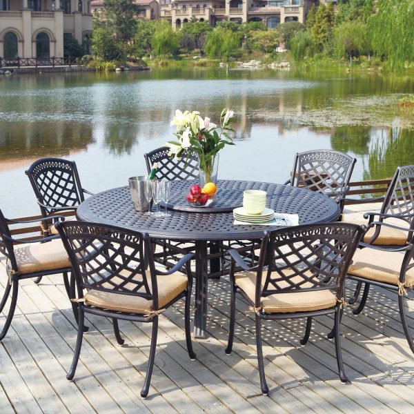 Sedona 10 Pc Cast Aluminum Dining Set w/ 71 Inch Round Series 99 Table & Lazy Susan in Antique Bronze/Sesame by Darlee
