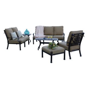 Santa Barbara 6 Pc Cast Aluminum Seating Set w/ Series 60 Tables in Antique Bronze/Sesame by Darlee