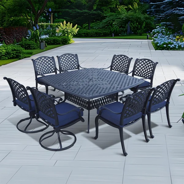 Nassau 9 Pc Cast Aluminum Dining Set w/ 64 Inch Square Series 30 Table & 4 Swivel Rockers in Antique Bronze/Navy by Darlee