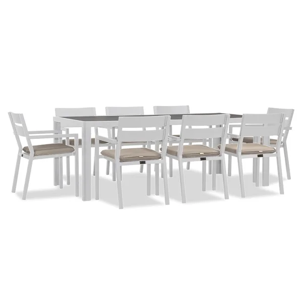 Calm Bay 9 Pc Rectangular Aluminum Dining Set in White/Canvas Flax by Lakeview Outdoor Designs