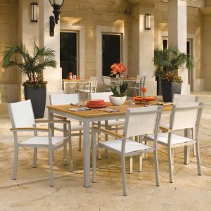 Oxford Garden Travira 7 Piece Flint Aluminum Patio Dining Set W/ Natural Sling Armchairs & 63-Inch Rectangular Natural Tekwood Table