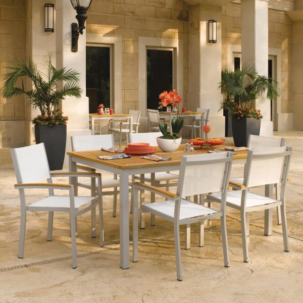 Oxford Garden Travira 7 Piece Flint Aluminum Patio Dining Set W/ Natural Sling Armchairs & 63-Inch Rectangular Natural Tekwood Table