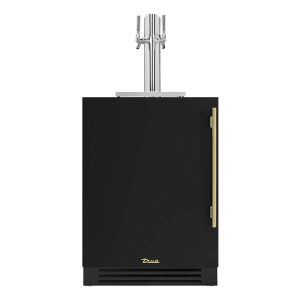 True 24 Inch Left Hinge Outdoor Dual Tap Beverage Dispenser - Matte Black w/ Brass Handle - TUR-24DD-L-OP-C~DSK-027-H01