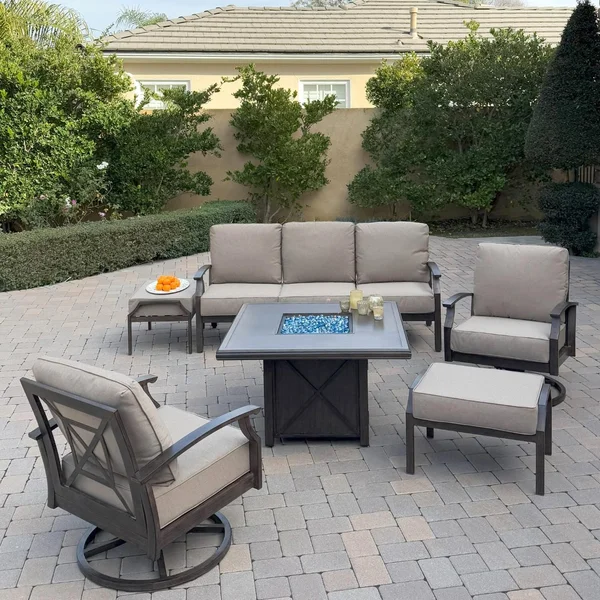 Atlantis 6 Pc Aluminum Fire Pit Seating Set w/ 2 Swivel Rocker Club Chairs, 2 Ottomans & Sofa in Walnut/Beige by Darlee