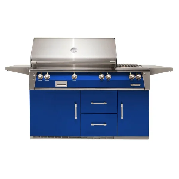Alfresco ALXE 56-Inch Freestanding Natural Gas Deluxe Grill On Refrigerated Cart With Sear Zone, Rotisserie, And Side Burner in Ultramarine Blue - ALXE-56SZR-NG-S5002