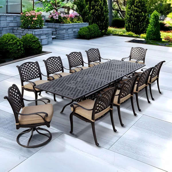 Nassau 11 Pc Cast Aluminum Dining Set w/ 92 X 42 Inch Series 30 Extension Table & 2 Swivel Rockers in Antique Bronze/Sesame by Darlee