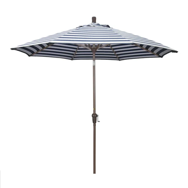 California Umbrella Sunset Series 9 Ft Octagonal Aluminum Auto Tilt Patio Umbrella W/ Crank Lift - Champagne Frame / Olefin Navy White Cabana Stripe Canopy