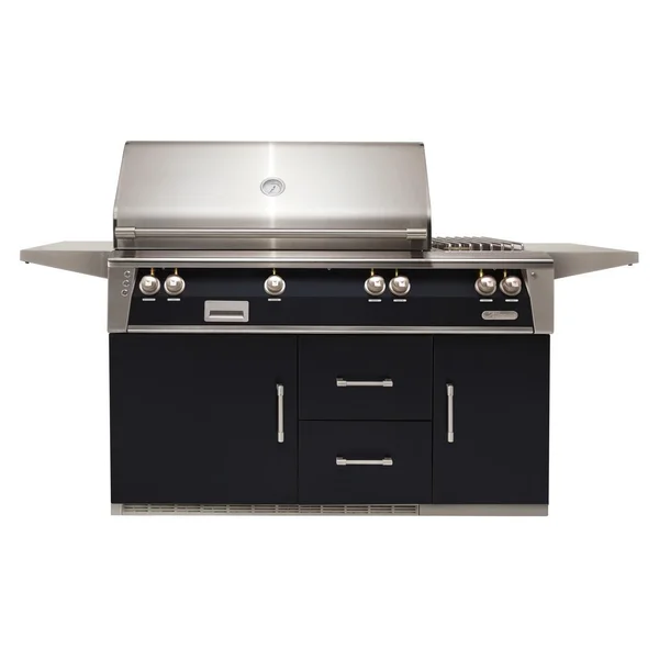 Alfresco ALXE 56-Inch Freestanding Natural Gas Deluxe Grill On Refrigerated Cart With Rotisserie And Side Burner in Jet Black Gloss - ALXE-56R-NG-S9005