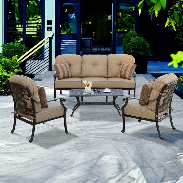 Santa Monica 4 Pc Cast Aluminum Seating Set w/ 42 X 21 Inch Series 80 Table & Throw Pillows in Antique Bronze/Sesame by Darlee