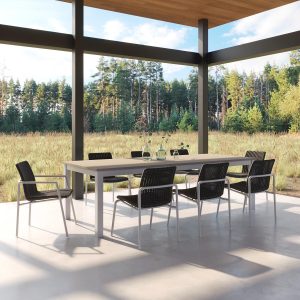 Orso 9 Pc Wicker & Aluminum Dining Set W/ Vintage Tekwood Table Top in Flint/Shadow By Oxford Garden