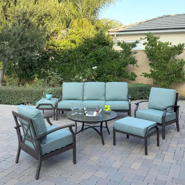 Atlantis 6 Pc Aluminum Seating Set w/ Sofa, 2 Club Chairs, 2 Ottomans & Ice Bucket in Walnut/Spa by Darlee