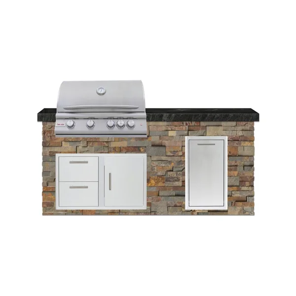 BBQGuys Signature 6 Ft Outdoor Kitchen Island w/ 32 Inch Propane Blaze LTE+ Grill & Narrow Trash Bin | Gold Rush w/ Black Granite