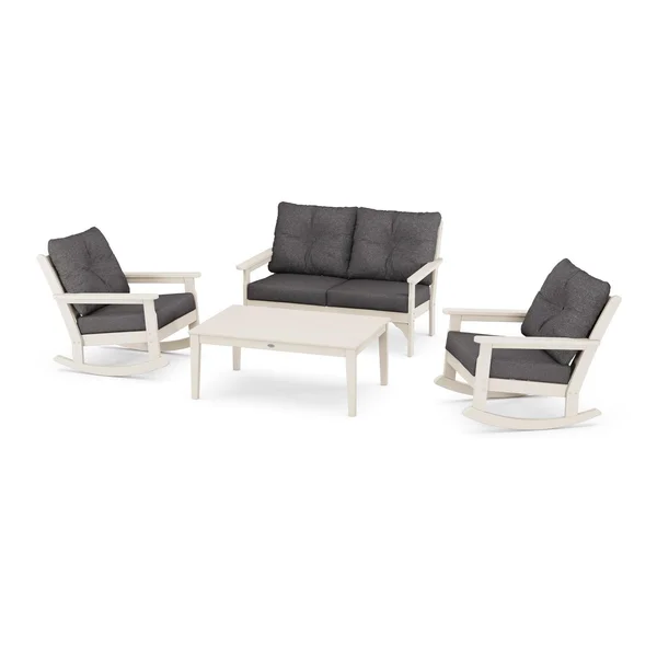 Vineyard 4 Pc Recycled Plastic Seating Set w/ Rocking Chairs in Sand/Ash Charcoal by POLYWOOD