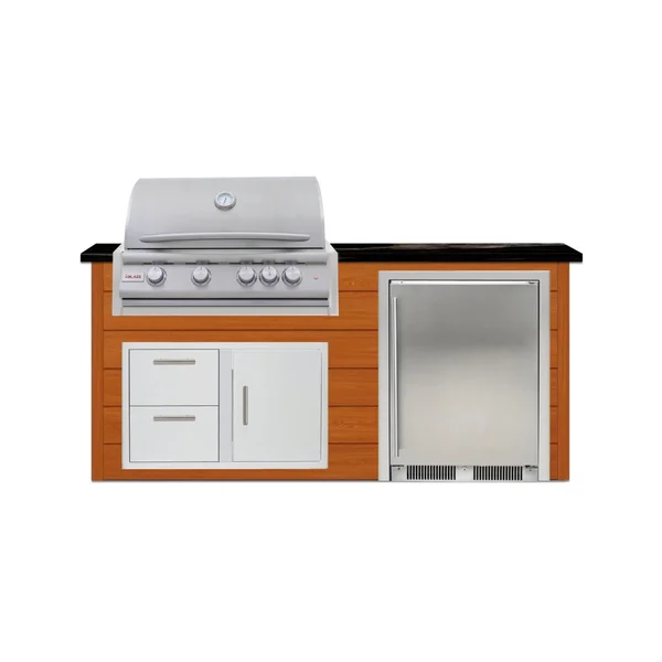 BBQGuys Signature 6 Ft Outdoor Kitchen Island w/ 32 Inch Propane Blaze LTE+ Grill & Refrigerator | Chai Cedar w/ Titanium Granite