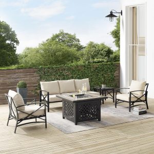 Windswept 5 Pc Steel Sofa Seating Set w/ Decorative Fire Pit Table in Oil Rubbed Bronze/Oatmeal by Ultimate Patio