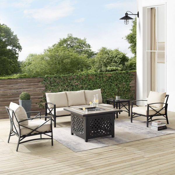 Windswept 5 Pc Steel Sofa Seating Set w/ Decorative Fire Pit Table in Oil Rubbed Bronze/Oatmeal by Ultimate Patio