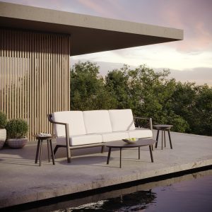 Markoe 4 Pc Aluminum Seating Set in Carbon/Bliss Linen By Oxford Garden