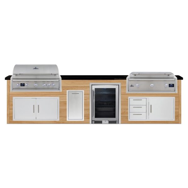 BBQGuys Signature 12 Ft Outdoor Kitchen Island w/ 40 Inch Propane Blaze LTE PRO Grill & Griddle, Beverage Center & Narrow Trash Bin | Sun Bleached Oak w/ Titanium Granite