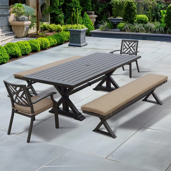 Brooklyn 5 Pc Aluminum Dining Set w/ 86 X 44 Inch Table w/ Benches & 2 Arm Chairs in Multi Brown/Sesame by Darlee