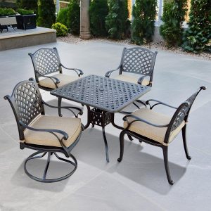 Nassau 5 Pc Cast Aluminum Dining Set w/ 36 Inch Square Series 30 Table & 2 Swivel Rockers in Antique Bronze/Sesame by Darlee