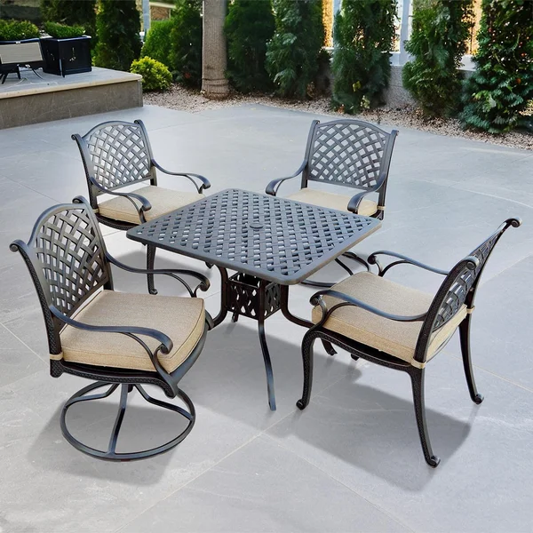 Nassau 5 Pc Cast Aluminum Dining Set w/ 36 Inch Square Series 30 Table & 2 Swivel Rockers in Antique Bronze/Sesame by Darlee