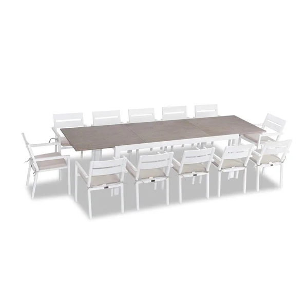 Calm Bay 13 Pc Extendable Aluminum Dining Set in White/Barnwood/Cast Silver by Lakeview Outdoor Designs