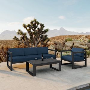 Misty Cove 3 Pc Aluminum Seating Set w/ Sofa & Portal Coffee Table in Slate/Spectrum Indigo by Lakeview Outdoor Designs