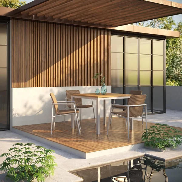 Orso 5 Pc Wicker & Aluminum Arm Chair Dining Set W/ Natural Tekwood Table Top in Flint/Sand By Oxford Garden