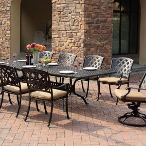 Ocean View 11 Pc Cast Aluminum Dining Set w/ 92 X 42 Inch Series 30 Extension Table & 2 Swivel Rockers in Antique Bronze/Sesame by Darlee