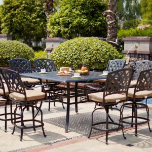 Ocean View 9 Pc Cast Aluminum Counter Height Dining Set w/ 60 Inch Square Series 88 Table in Antique Bronze/Sesame by Darlee