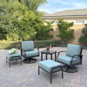 Atlantis 5 Pc Aluminum Seating Set w/ 2 Swivel Rocker Club Chairs & 2 Ottomans in Walnut/Spa by Darlee