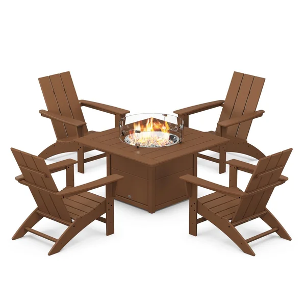 Modern Adirondack 5 Pc Recycled Plastic Fire Pit Seating Set in Teak by POLYWOOD