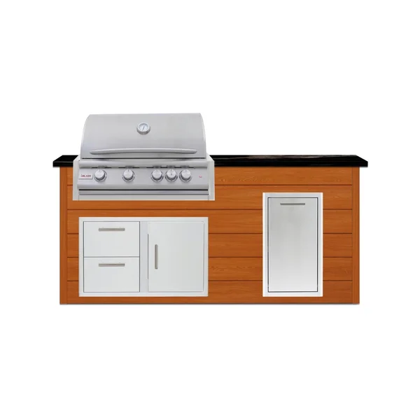 BBQGuys Signature 6 Ft Outdoor Kitchen Island w/ 32 Inch Propane Blaze LTE+ Grill & Narrow Trash Bin | Chai Cedar w/ Titanium Granite