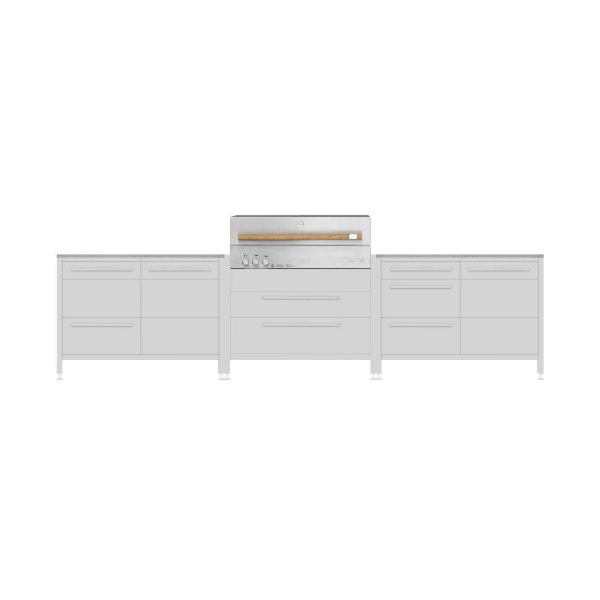 Burnout BBQ Modular Front - Lit Outdoor Kitchen Island w/ Flammkraft Model D Built-In Grill, Triple Drawers, Propane Pullout, and Pullout Waste Bins - Dust