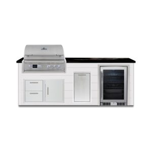 BBQGuys Signature 8 Ft Outdoor Kitchen Island w/ 32 Inch Propane Blaze LTE PRO Grill, Beverage Center & Narrow Trash Bin | Crystal White w/ Titanium Granite