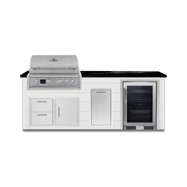 BBQGuys Signature 8 Ft Outdoor Kitchen Island w/ 32 Inch Propane Blaze LTE PRO Grill, Beverage Center & Narrow Trash Bin | Crystal White w/ Titanium Granite
