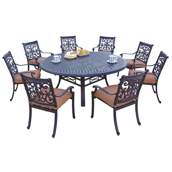 St. Cruz 9 Pc Cast Aluminum Dining Set w/ 71 Inch Round Series 99 Table in Antique Bronze/Spicy Chili by Darlee