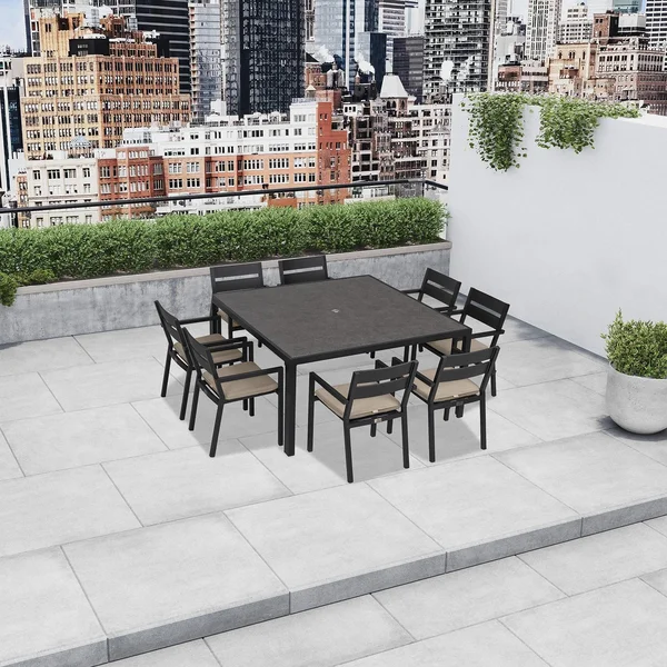 Calm Bay 9 Pc Square Aluminum Dining Set in Black/Heather Beige by Lakeview Outdoor Designs