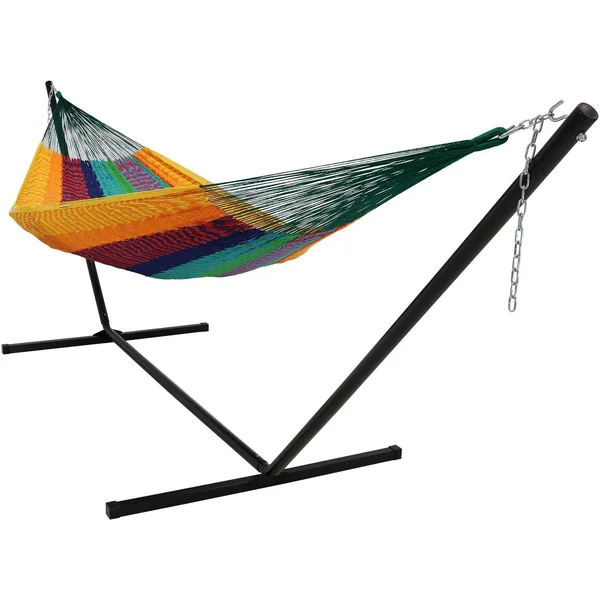 Ultimate Patio XXL Thick Cord Handwoven Family-Sized Mayan Hammock w/ 15-Foot Black Stand - Multi-Color